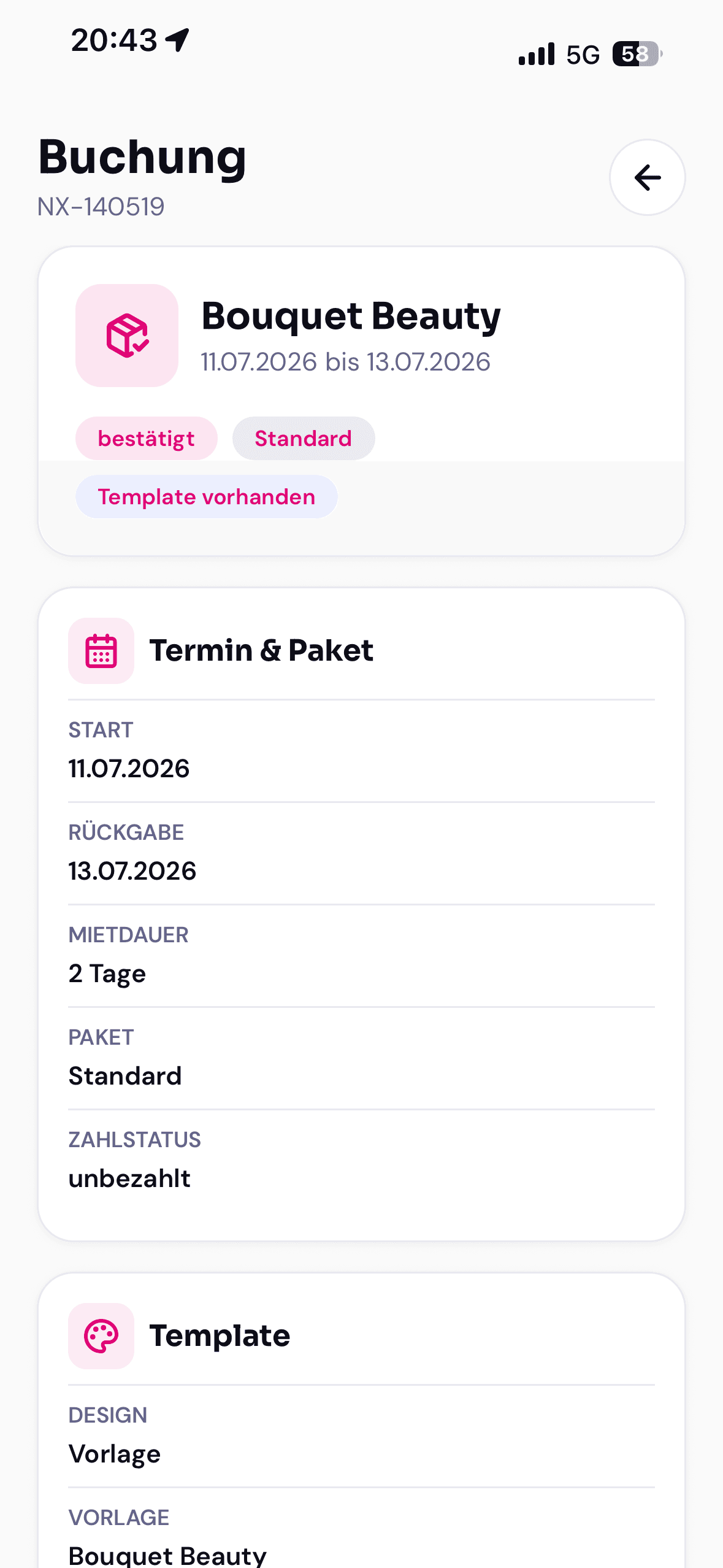 Détails de la réservation avec date et pack