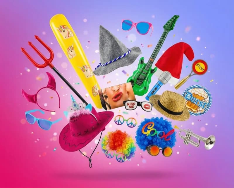 Accessoires photobooth et accessoires de fête : lunettes, perruques, chapeaux, accessoires gonflables et plus encore - tout est inclus avec chaque location fexobox