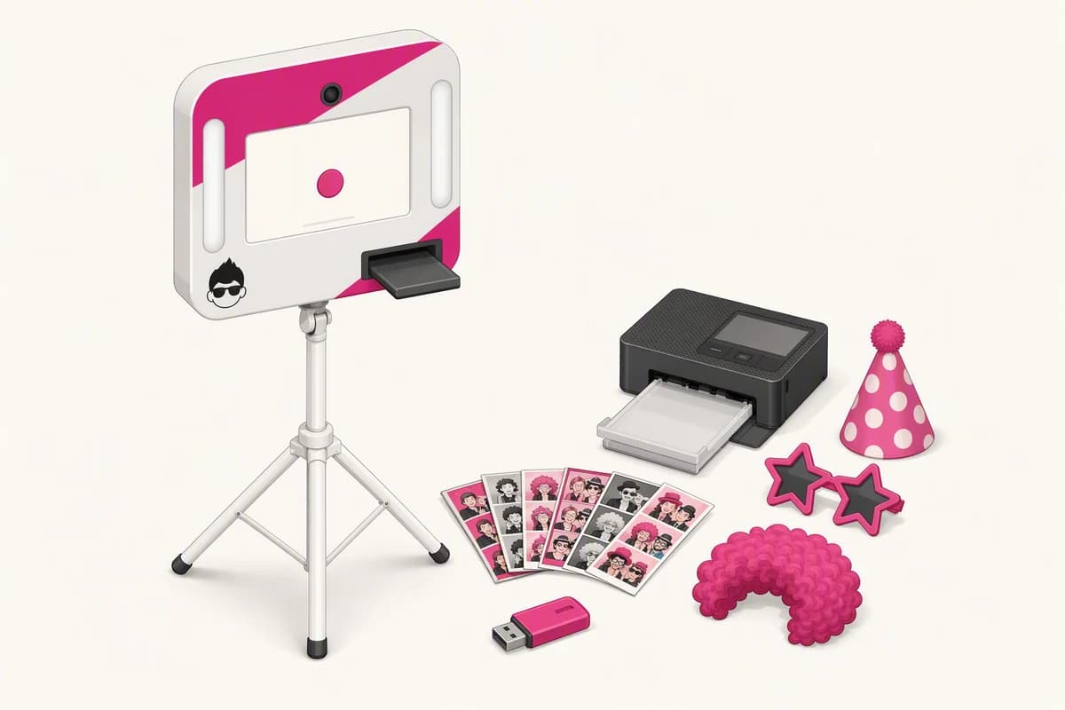 Illustration de la formule Basic : fexobox sur trépied avec imprimante, bandes photo, accessoires de déguisement et clé USB