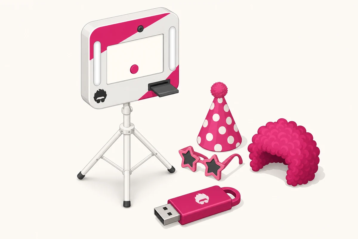 Illustration de la formule Lite : fexobox sur trépied avec accessoires de déguisement et clé USB, sans imprimante